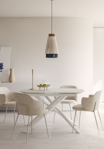 KAVE HOME Yodalia spisebord, med uttrekk - glass, MDF og hvitt stl (130(190)x100) 