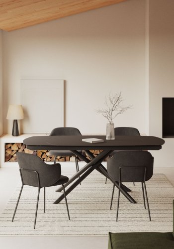 KAVE HOME Yodalia spisebord, med uttrekk - glass, sort porselen og stl (130(190)x100)