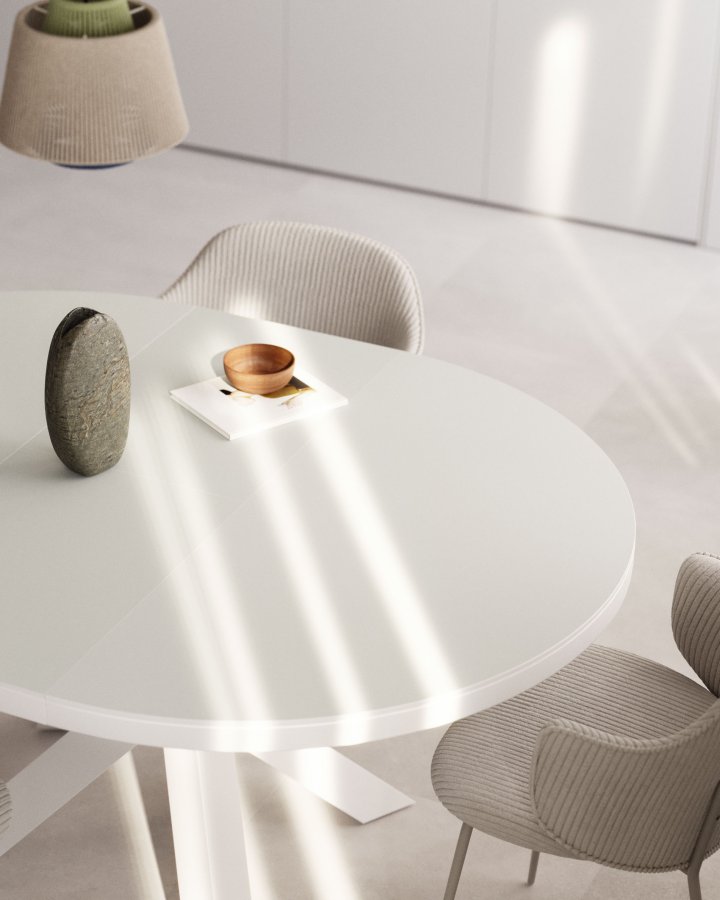 KAVE HOME Vashti spisebord, med uttrekk, rundt - glass, MDF og hvitt stl (120(160)x120)