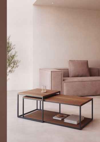 KAVE HOME Yoana sofabord, m. 1 nederste hylle - brun valnttfinish og svart jern (sett med 2)