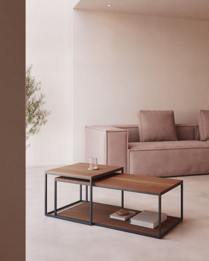 KAVE HOME Yoana sofabord, m. 1 nederste hylle - brun valnttfinish og svart jern (sett med 2)
