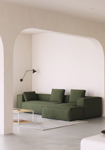 KAVE HOME Blok 3-manns sofa, med hyre sjeselong - grnn kordflyel (300 cm)
