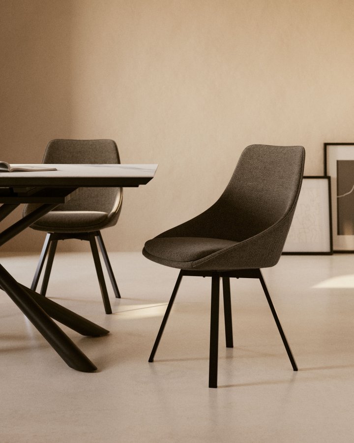 KAVE HOME Haston spisestol med armlener - mrkegrtt stoff og metall med kryssfiner