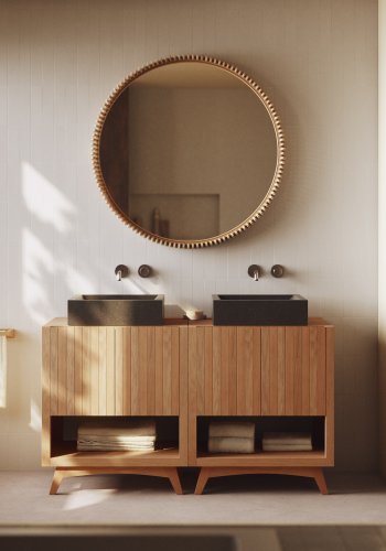 KAVE HOME Polke veggspeil, rundt - speilglass og naturlig teak (100)