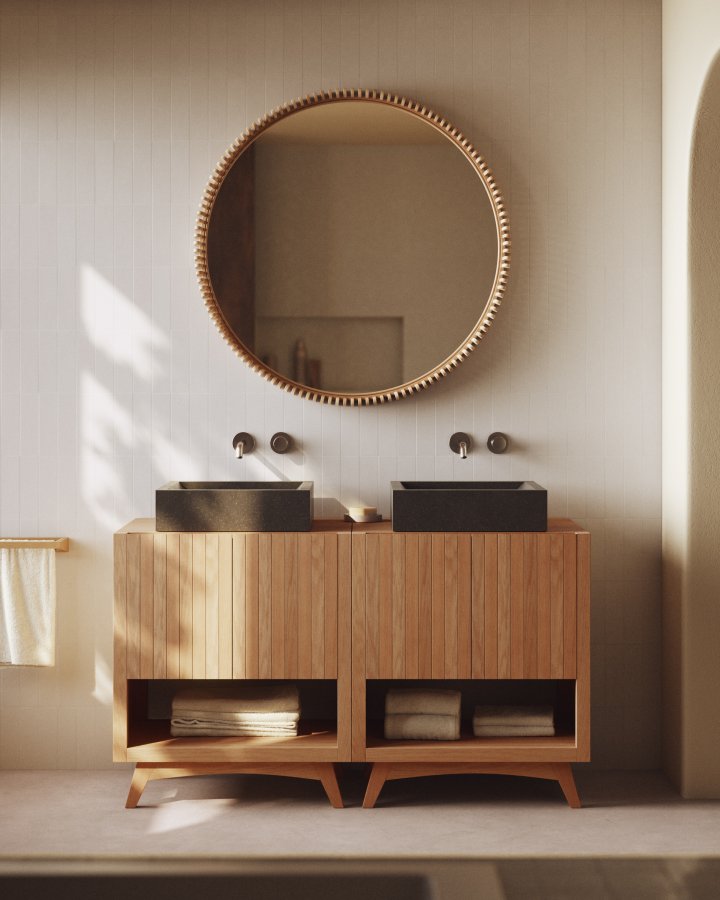 KAVE HOME Polke veggspeil, rundt - speilglass og naturlig teak (100)