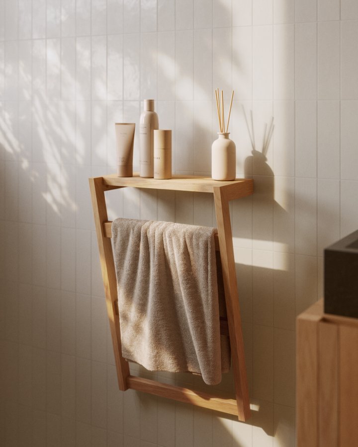 KAVE HOME Sunday hndklestativ - heltre teak, for vegg, m. 1 hylle