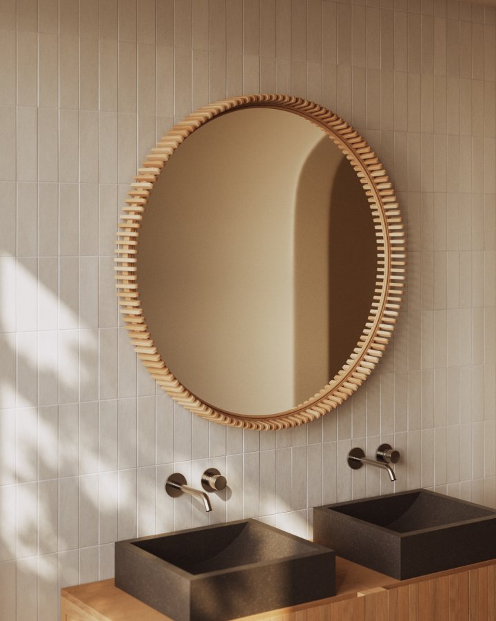 KAVE HOME Polke veggspeil, rundt - speilglass og naturlig teak (100)