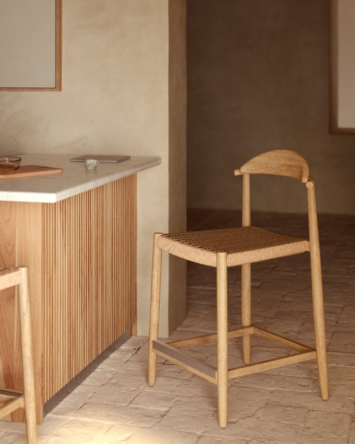 KAVE HOME Glynis barstol - beige/naturlig polyester/eukalyptus tre, hy