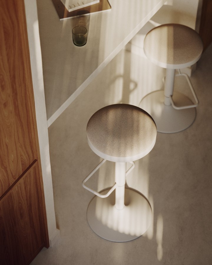 KAVE HOME Zaib barkrakk, med fotsttte, hydejusterbar - beige chenille og matt hvitt stl (H:58-80cm)