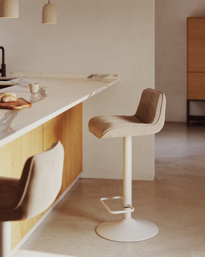 KAVE HOME Zenda barkrakk, med ryggsttte og fotsttte - beige chenille og matt hvitt stl (H:81-102)