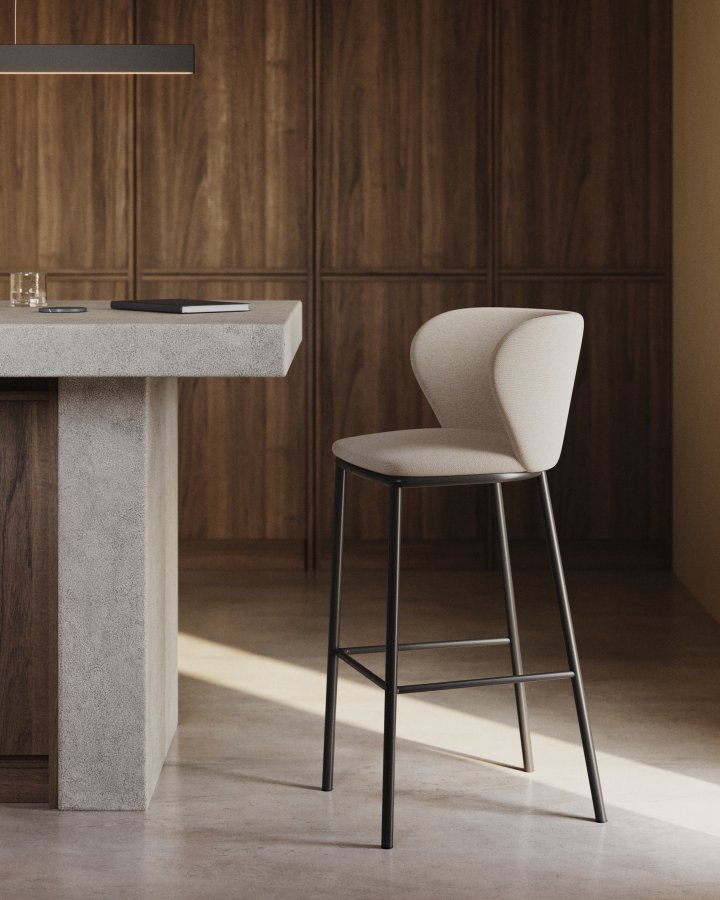 KAVE HOME Ciselia barkrakk, med ryggsttte og fotsttte - beige chenillestoff og svart stl