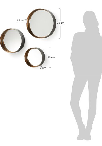 KAVE HOME rundt Wilson veggspeil - speilglass og messingsvart stl (sett med 3)