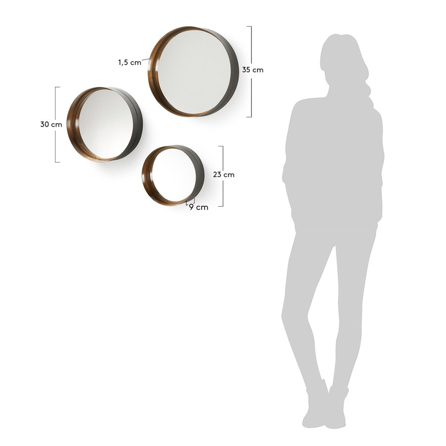 KAVE HOME rundt Wilson veggspeil - speilglass og messingsvart stl (sett med 3)