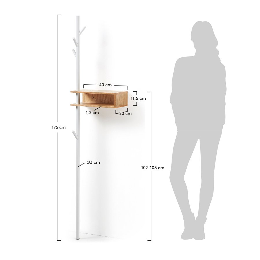 KAVE HOME Belgrad stumtjener - hvit/naturmetall/eik finer, med hylle