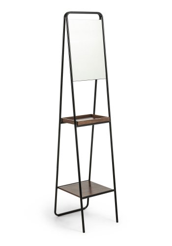 KAVE HOME Benji gulvspejl - sort/brun/glas - metal/valn�ddefin&eacute;r/spejlglas, m. 2 hylder