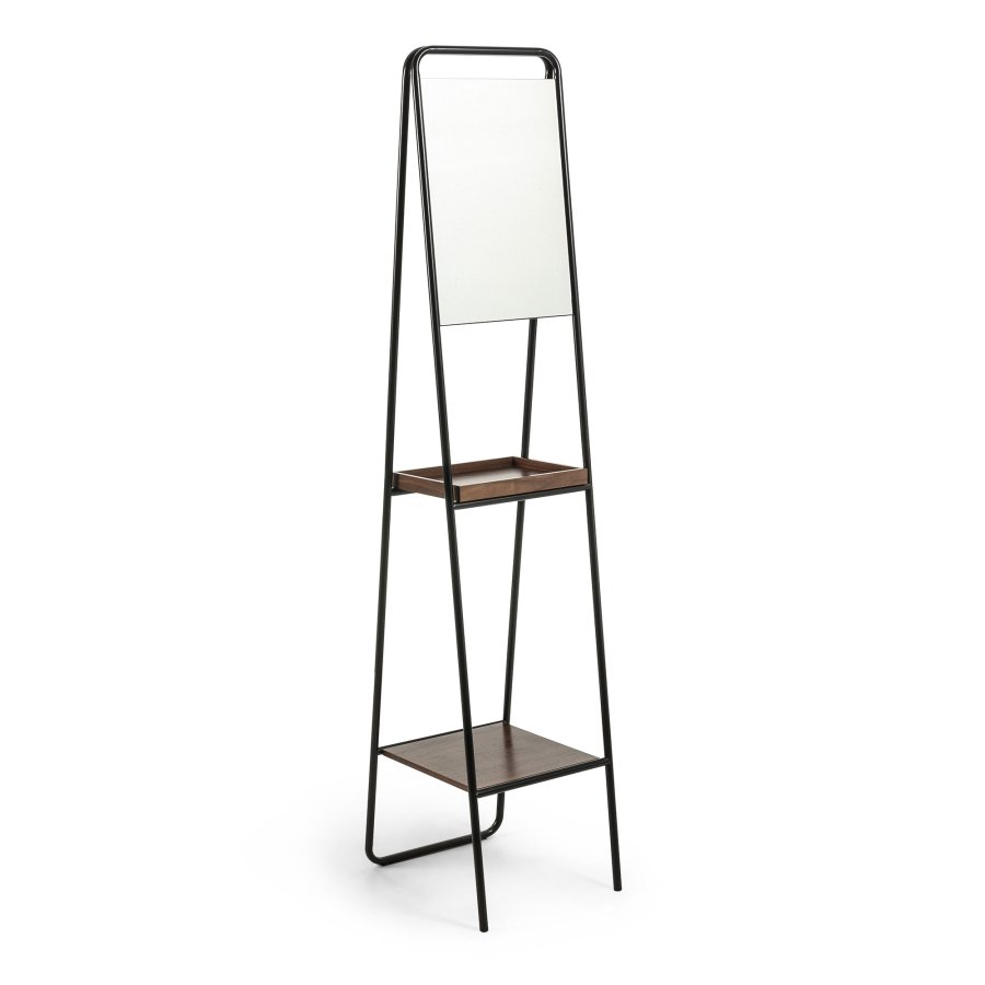 KAVE HOME Benji gulvspejl - sort/brun/glas - metal/valn�ddefin&eacute;r/spejlglas, m. 2 hylder
