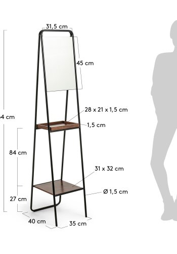 KAVE HOME Benji gulvspejl - sort/brun/glas - metal/valn�ddefin&eacute;r/spejlglas, m. 2 hylder