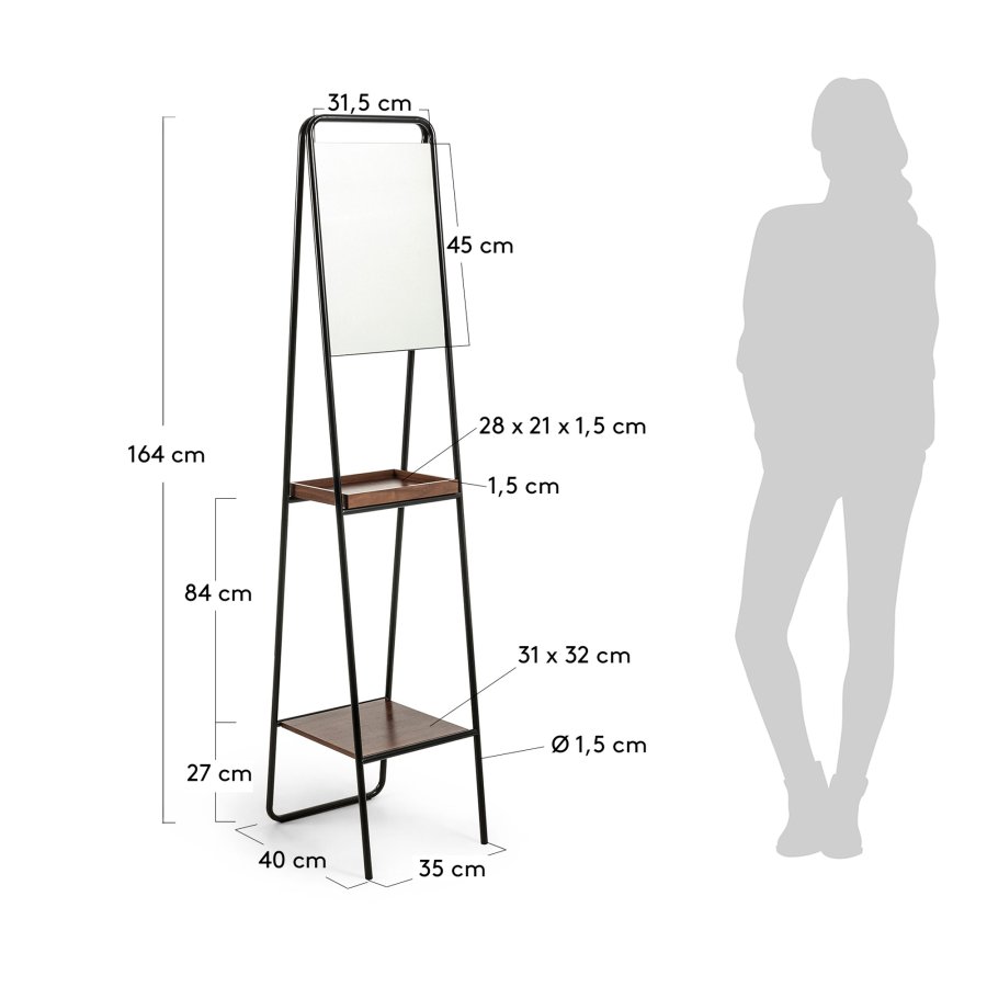 KAVE HOME Benji gulvspejl - sort/brun/glas - metal/valn�ddefin&eacute;r/spejlglas, m. 2 hylder