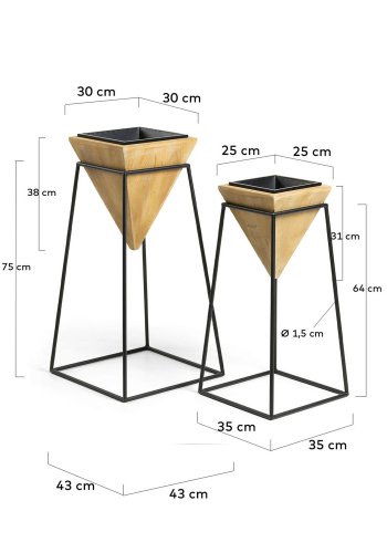 KAVE HOME Star urtepotteskjulere, m. fot, firkantet - svart metall og og furu (sett m. 2)