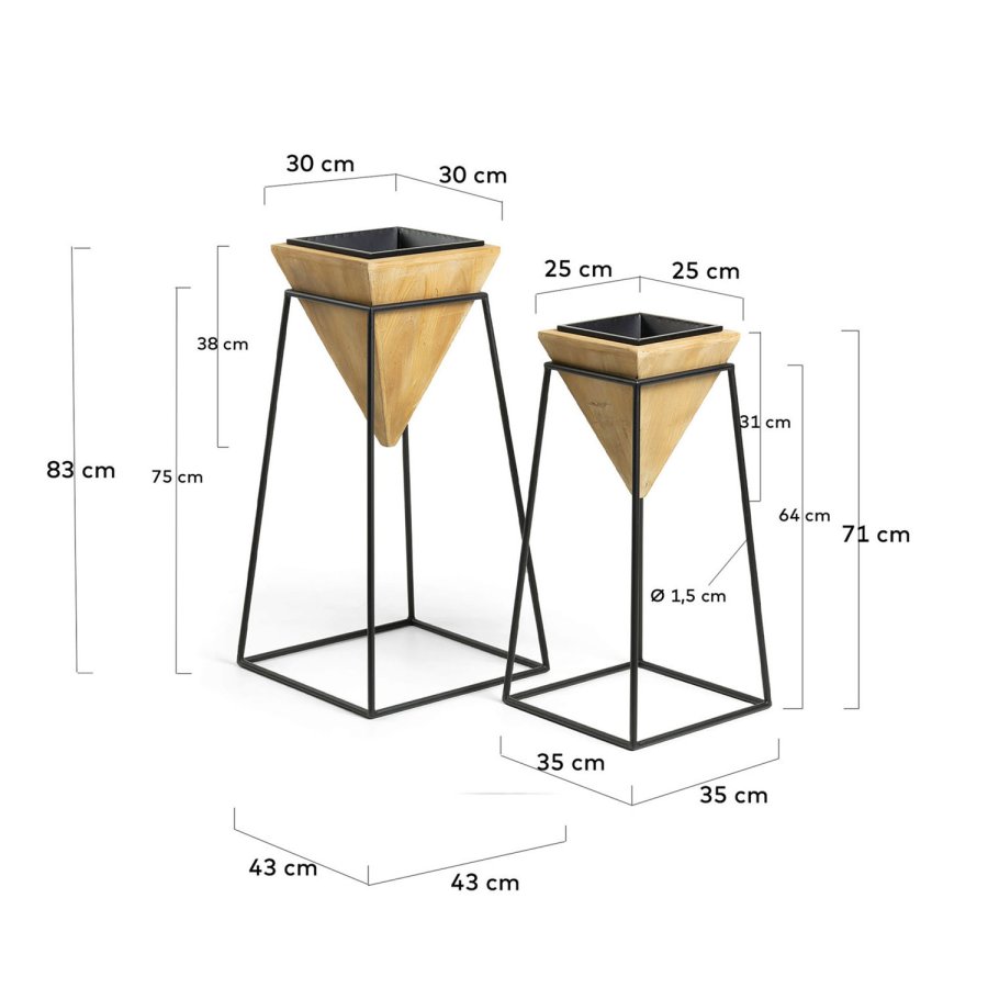 KAVE HOME Star urtepotteskjulere, m. fot, firkantet - svart metall og og furu (sett m. 2)