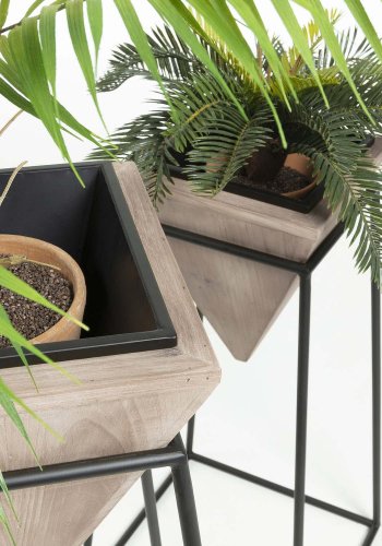 KAVE HOME Star urtepotteskjulere, m. fot, firkantet - svart metall og og furu (sett m. 2)