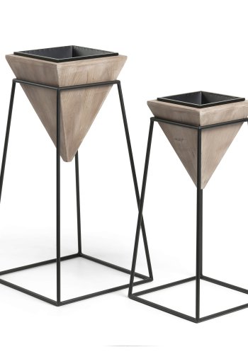 KAVE HOME Star urtepotteskjulere, m. fot, firkantet - svart metall og og furu (sett m. 2)