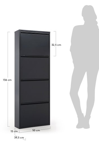 KAVE HOME Ode skohylle med 4 drer i sort, 50 x 136 cm