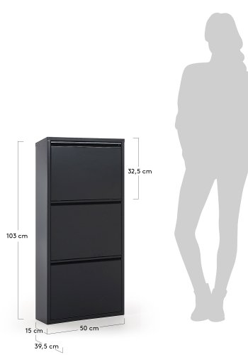 KAVE HOME Ode skohylle med 3 drer i sort, 50 x 103 cm