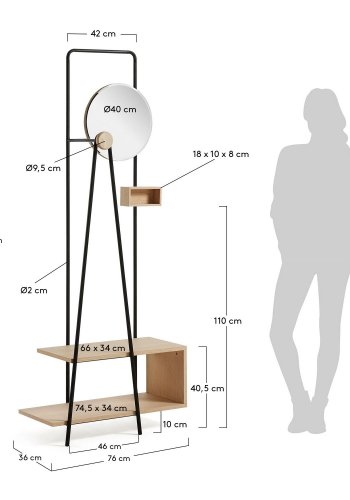 KAVE HOME Nostalgisk garderobestativ - natur/svart ask finer/metall, m. rundt speil og hyller
