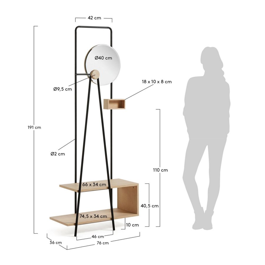 KAVE HOME Nostalgisk garderobestativ - natur/svart ask finer/metall, m. rundt speil og hyller