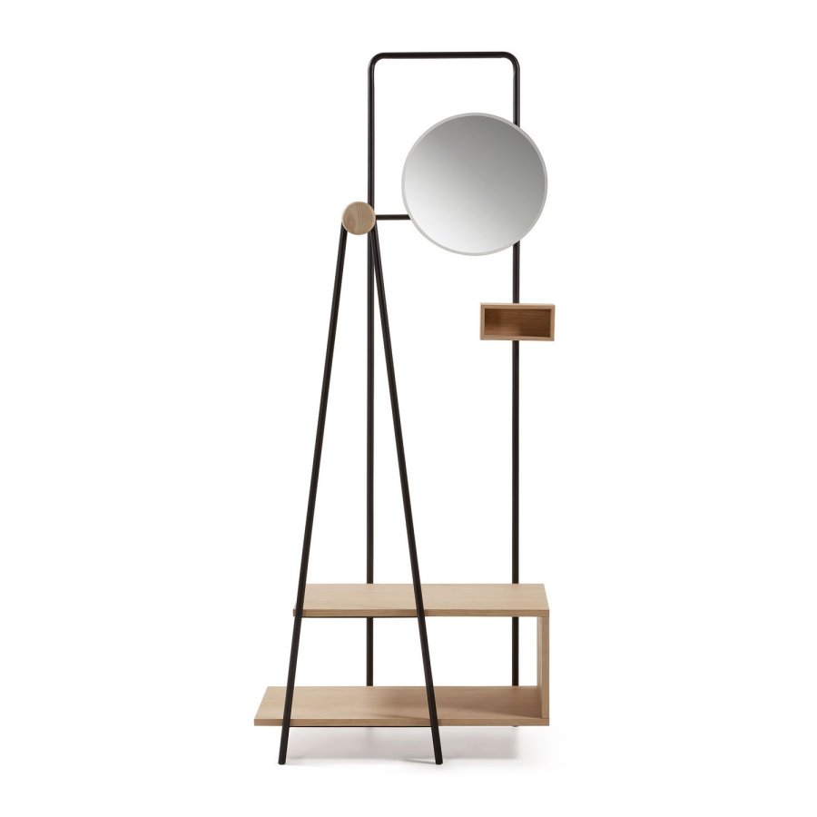 KAVE HOME Nostalgisk garderobestativ - natur/svart ask finer/metall, m. rundt speil og hyller