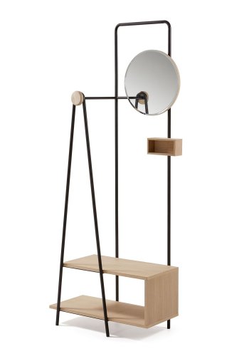 KAVE HOME Nostalgisk garderobestativ - natur/svart ask finer/metall, m. rundt speil og hyller