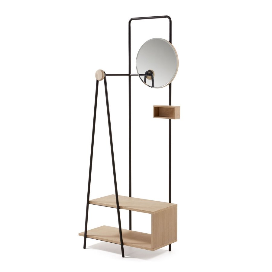KAVE HOME Nostalgisk garderobestativ - natur/svart ask finer/metall, m. rundt speil og hyller