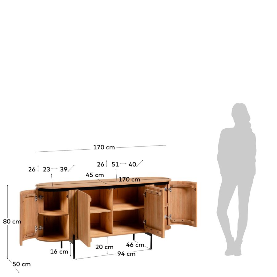 KAVE HOME Licia skjenk, m. 4 drer og 8 rom - naturlig mangotre og svart metall (170x80)