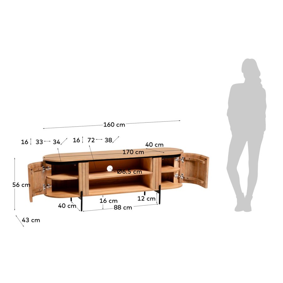 KAVE HOME Licia TV-bord, m. 2 drer og 2 pne rom - naturlig mangotre og svart metall (160x43) 