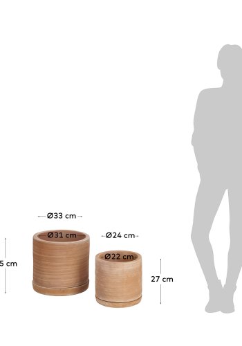 KAVE HOME Karlina blomsterpotte, m. fat, rund - naturlig terrakotta ( 27/33) (sett m. 2)