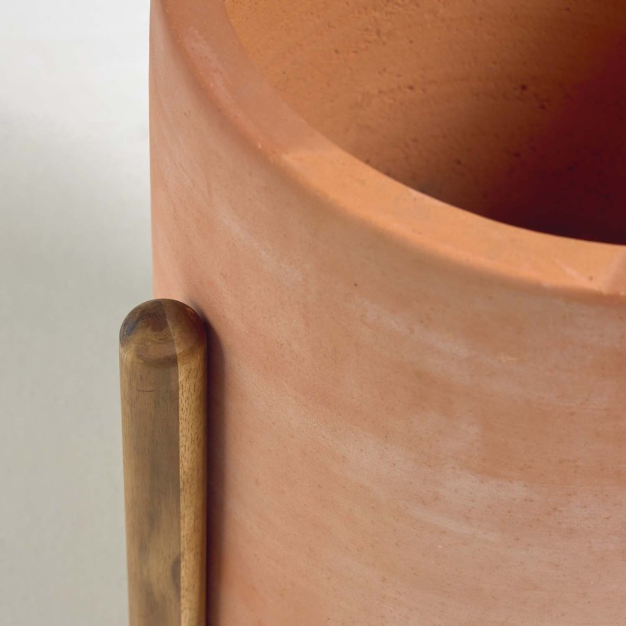 KAVE HOME Dalva blomsterpotte, rund - terrakotta og naturlig tre (26)