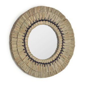 KAVE HOME Akila vgspejl, rund - spejlglas, beige naturfibre og sort bomuldssnor (60)
