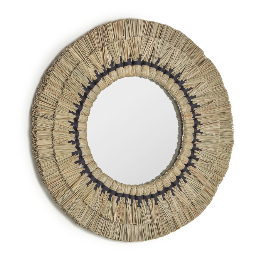 KAVE HOME Akila veggspeil, rundt - speilglass, beige naturfibre og svart bomullssnor (60)