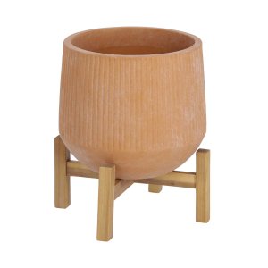 KAVE HOME Denpasar Blomkruka, med Fot - Naturlig Terracotta och Akaciatr&auml; (� 33 cm)