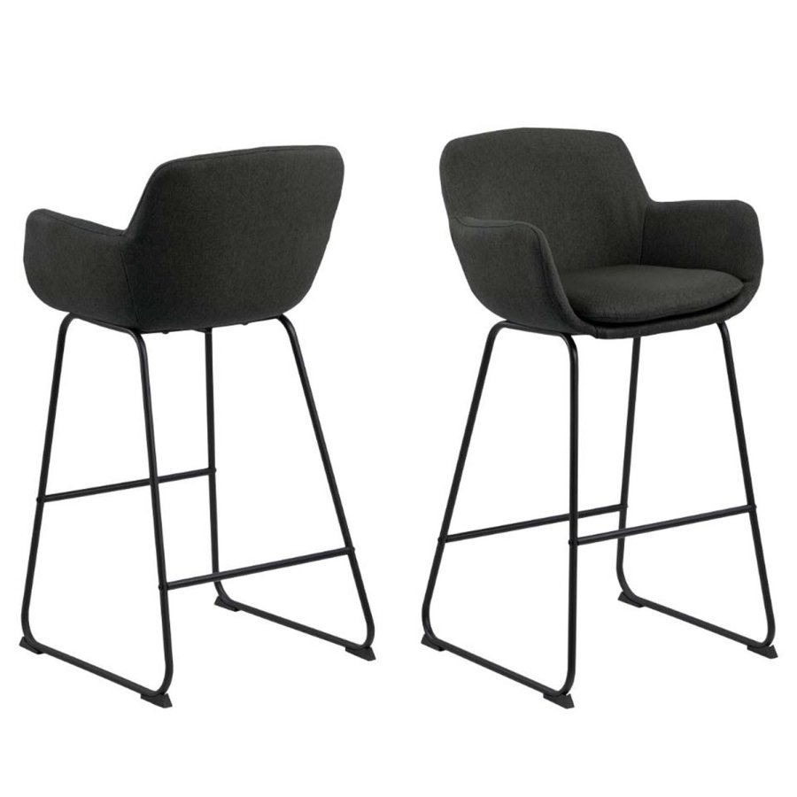 ACT NORDIC Lisa Barhocker mit Rückenlehne, Armlehnen und Fußstütze – dunkelgraues Polyester und schwarzes Metall