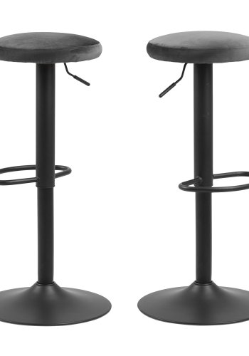 ACT NORDIC Finch Barhocker mit Trompetenfuß und Fußstütze – dunkelgrauer Stoff und schwarzes Metall 