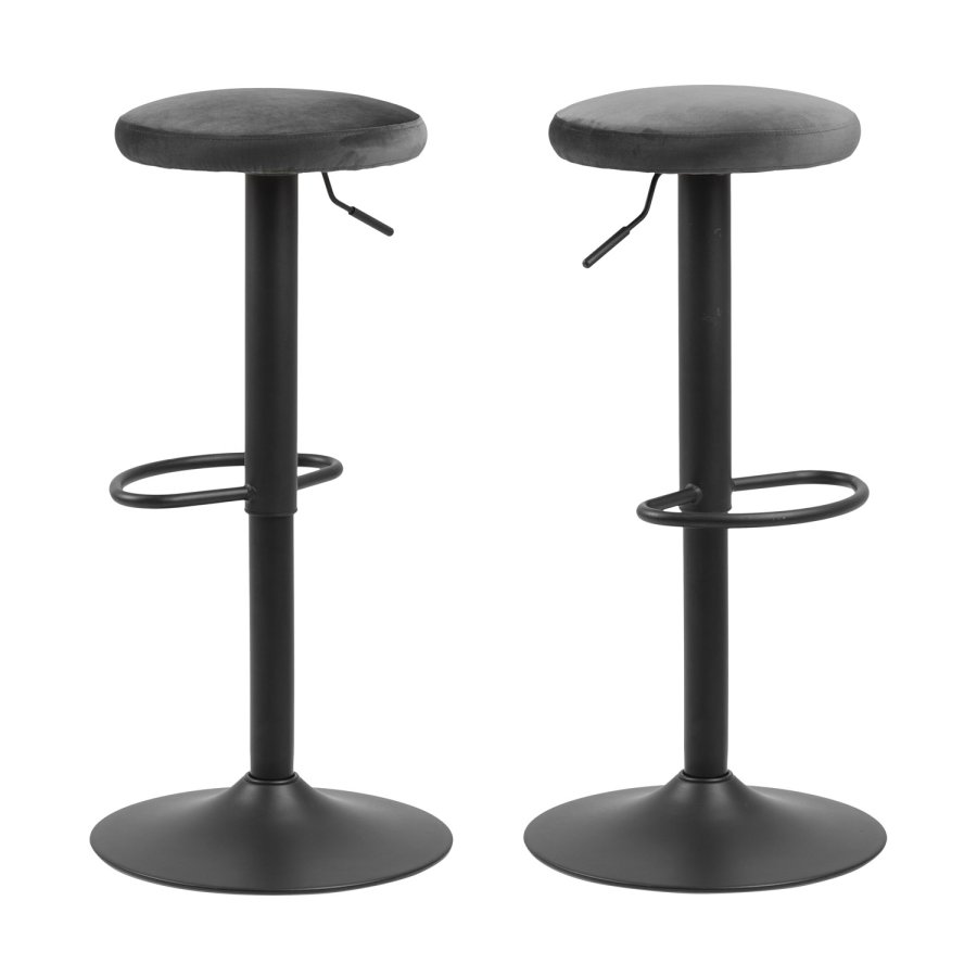 ACT NORDIC Finch Barhocker mit Trompetenfuß und Fußstütze – dunkelgrauer Stoff und schwarzes Metall 