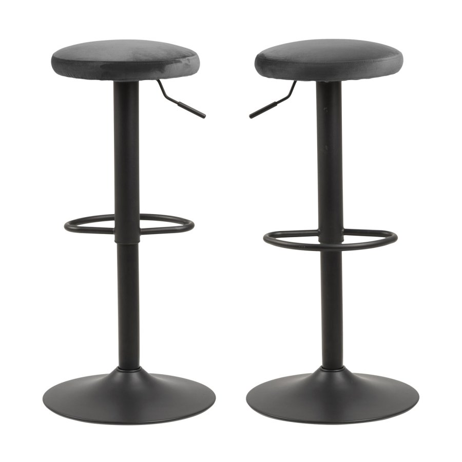 ACT NORDIC Finch Barhocker mit Trompetenfuß und Fußstütze – dunkelgrauer Stoff und schwarzes Metall 