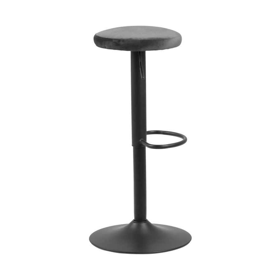 ACT NORDIC Finch Barhocker mit Trompetenfuß und Fußstütze – dunkelgrauer Stoff und schwarzes Metall 