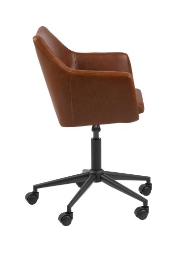 ACT NORDIC Nora Schreibtischstuhl mit Armlehnen, 5-Stern-Fußkreuz und Rollen – Vintage-Cognac-PU und schwarzes Metall