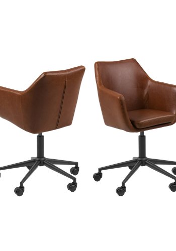 ACT NORDIC Nora Schreibtischstuhl mit Armlehnen, 5-Stern-Fußkreuz und Rollen – Vintage-Cognac-PU und schwarzes Metall