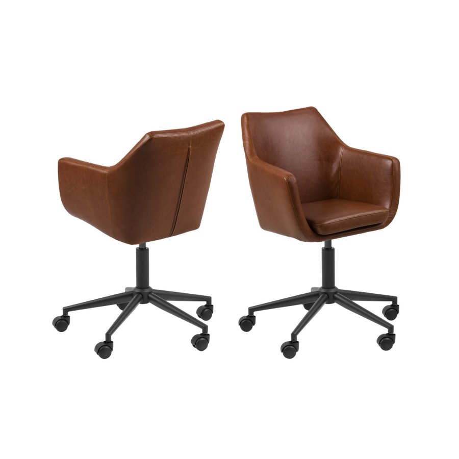 ACT NORDIC Nora Schreibtischstuhl mit Armlehnen, 5-Stern-Fußkreuz und Rollen – Vintage-Cognac-PU und schwarzes Metall