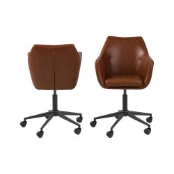 ACT NORDIC Nora skrivebordsstol m. arml�n, 5 stjernet fod og hjul - vintage cognac PU og sort metal