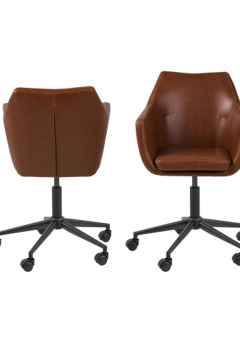 ACT NORDIC Nora Schreibtischstuhl mit Armlehnen, 5-Stern-Fußkreuz und Rollen – Vintage-Cognac-PU und schwarzes Metall